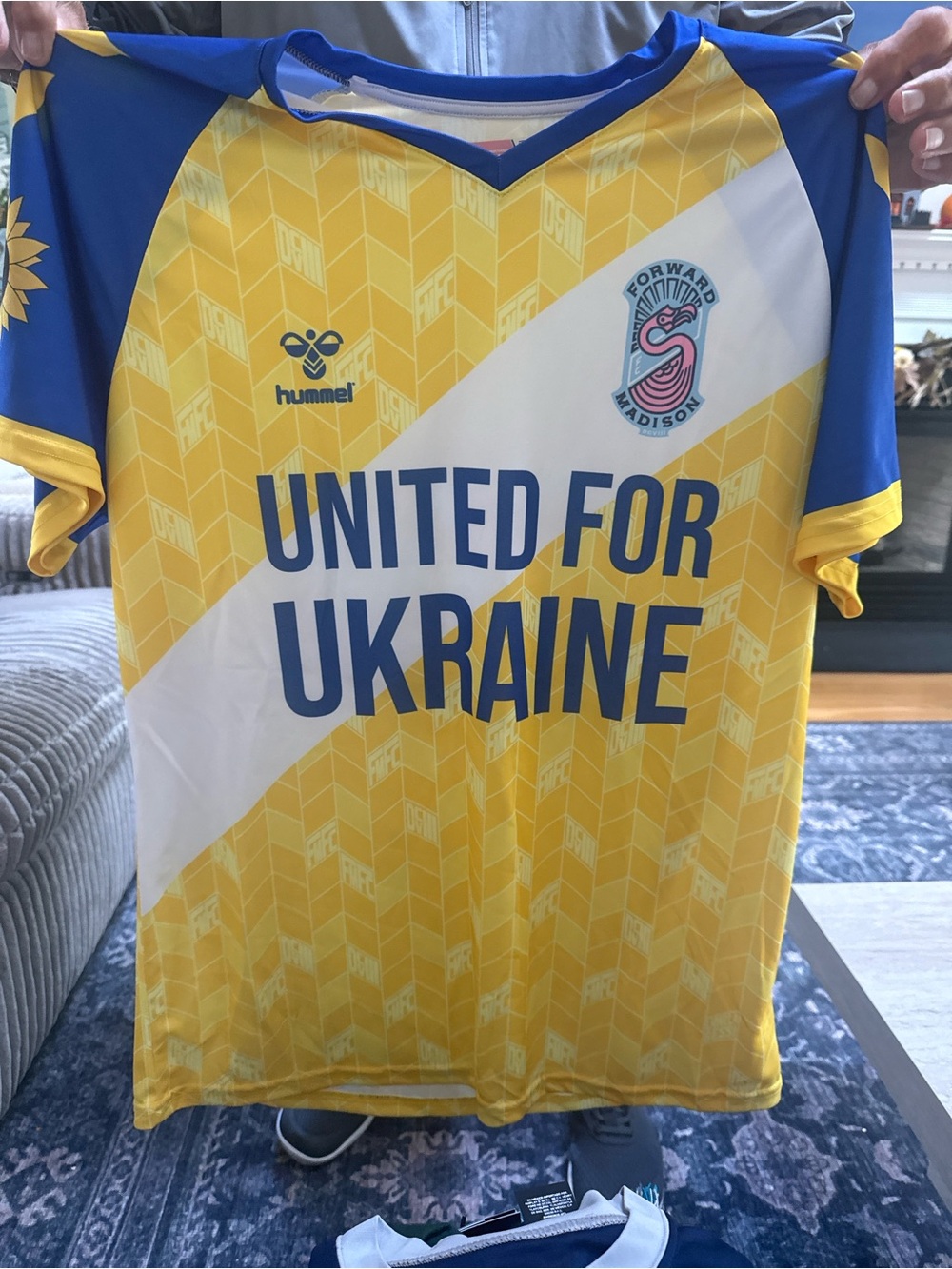 Hummel FC Madison Yellow & Blue "United For Ukraine" Soccer Jersey. Size large.